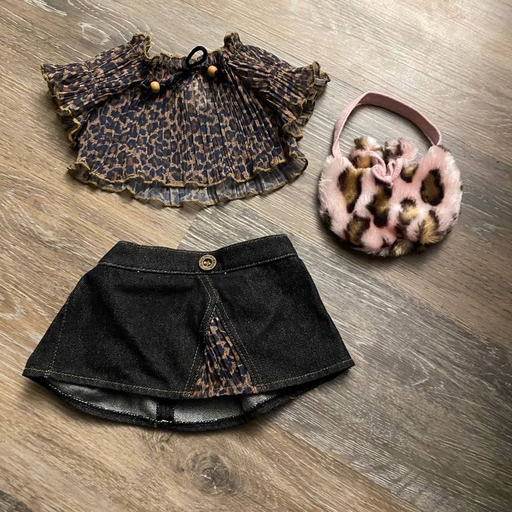 Build A Bear Leopard Print Outfit with Skirt and Bag & multiple accessories